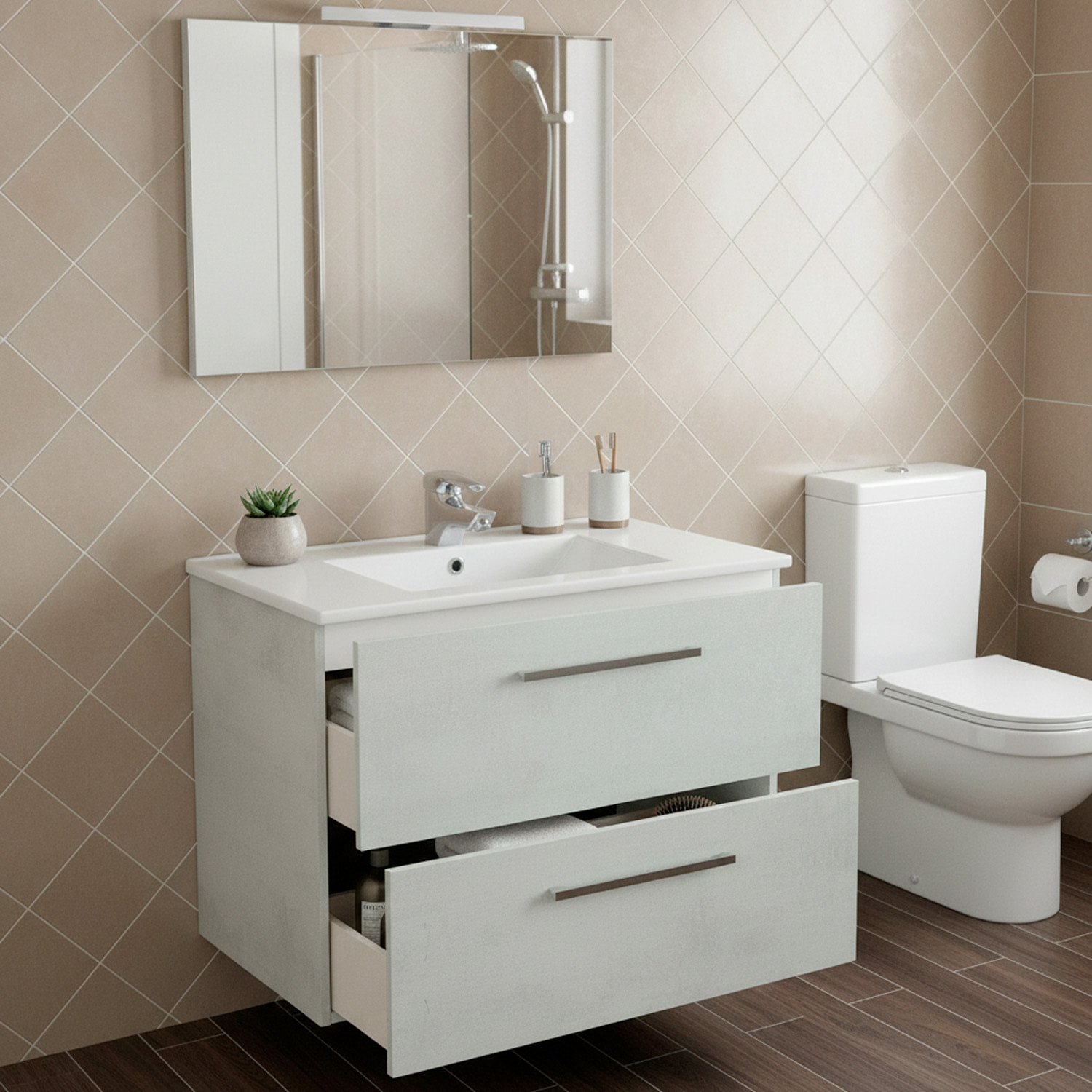 Mobile Mobiletto Bagno Sospeso Con 2 Cassettoni Soft Close Con Lavandino In Ceramica Specchio E Led Da 45 Cm  57 x 80 x 45 Cm Colore Cemento Laccato