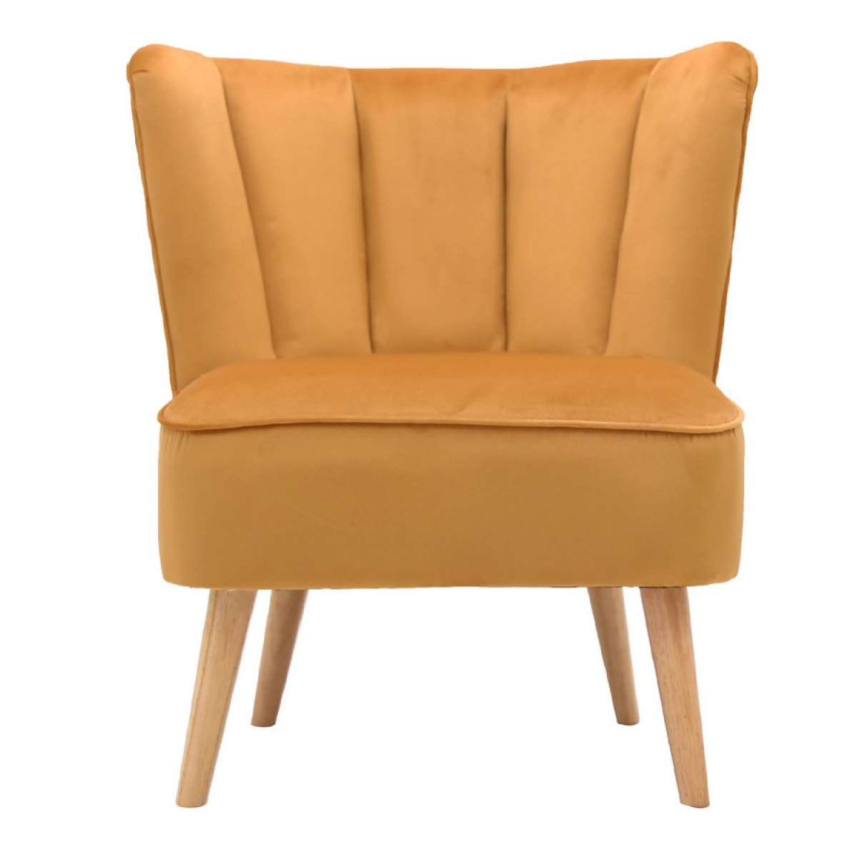 Poltrona design rivestita in tessuto ocra con gambe in legno