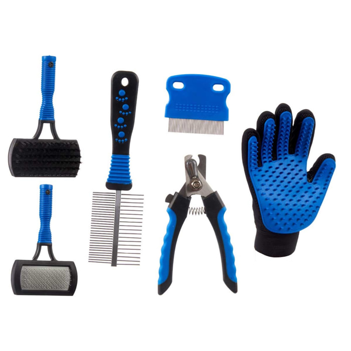 Well home set de cuidado para mascotas - incluye cepillo, peine y accesorios - azul y negro