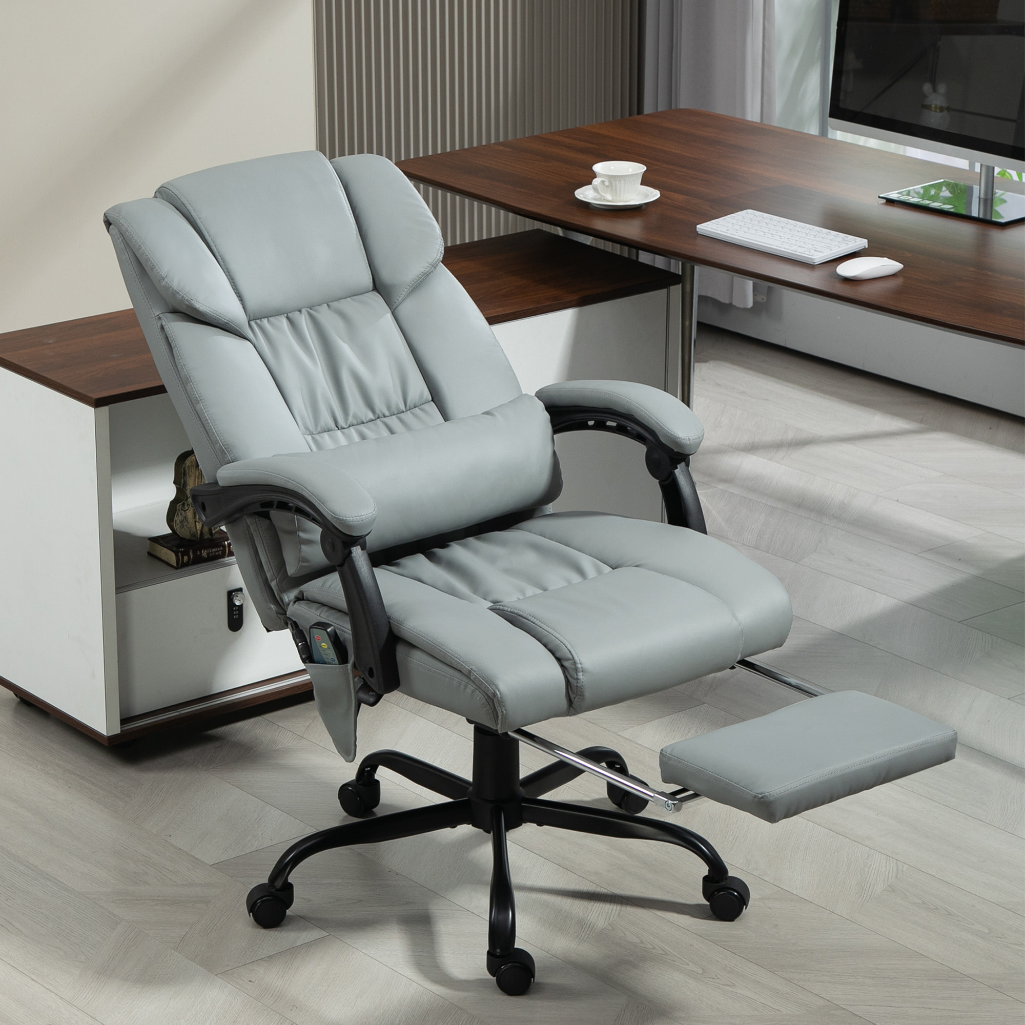 Fauteuil de bureau direction massant inclinable réglable - repose-pieds rétractable intégré - acier noir PU gris