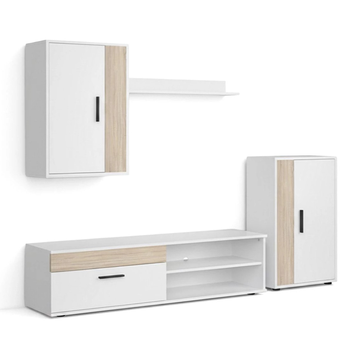 Salón modular con mueble TV en blanco artik y roble canadian 190 cm Lunet Blanco Artik (Blanco Mate) - Roble Canadian