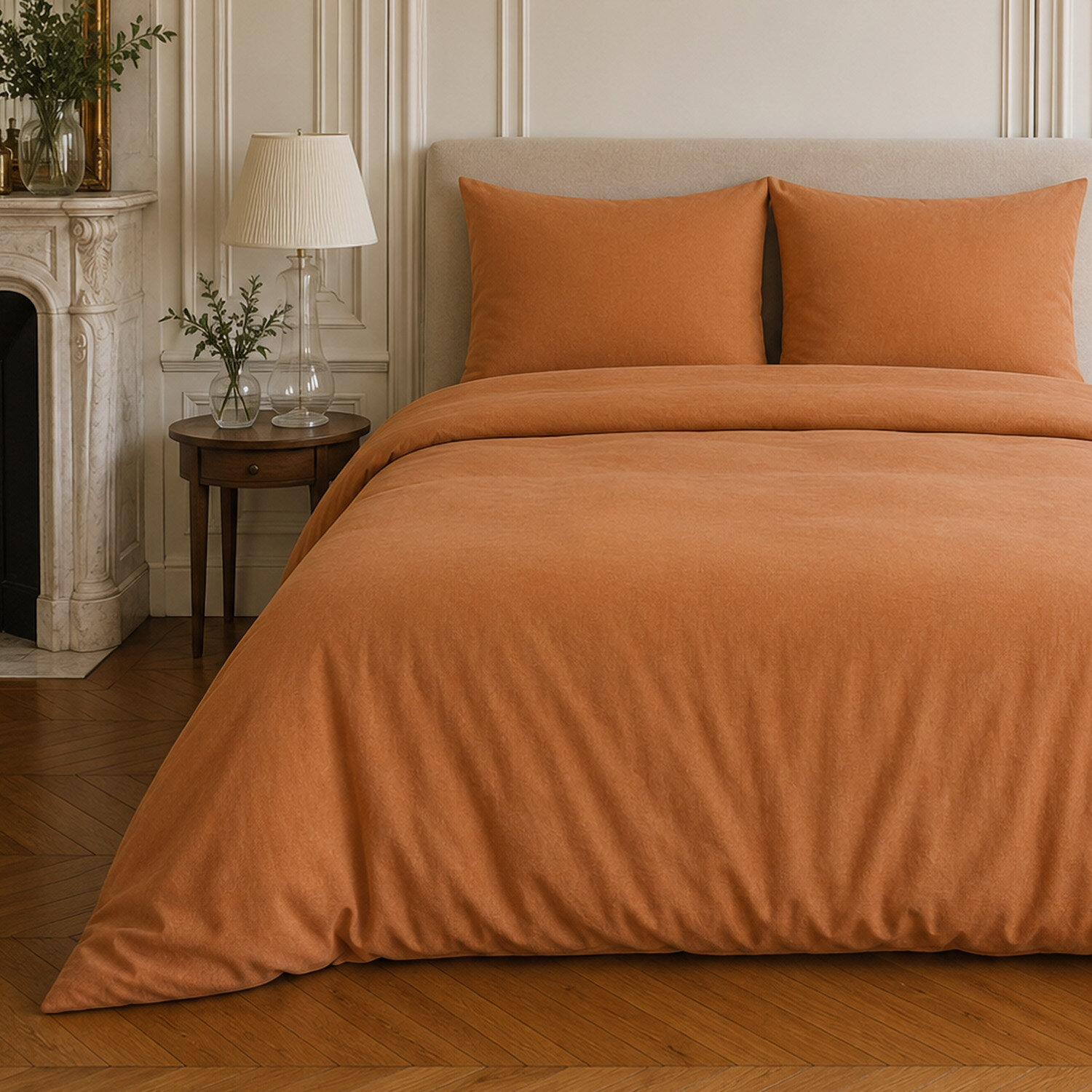 Parure housse de couette coton/lin unie caramel, HAVEN