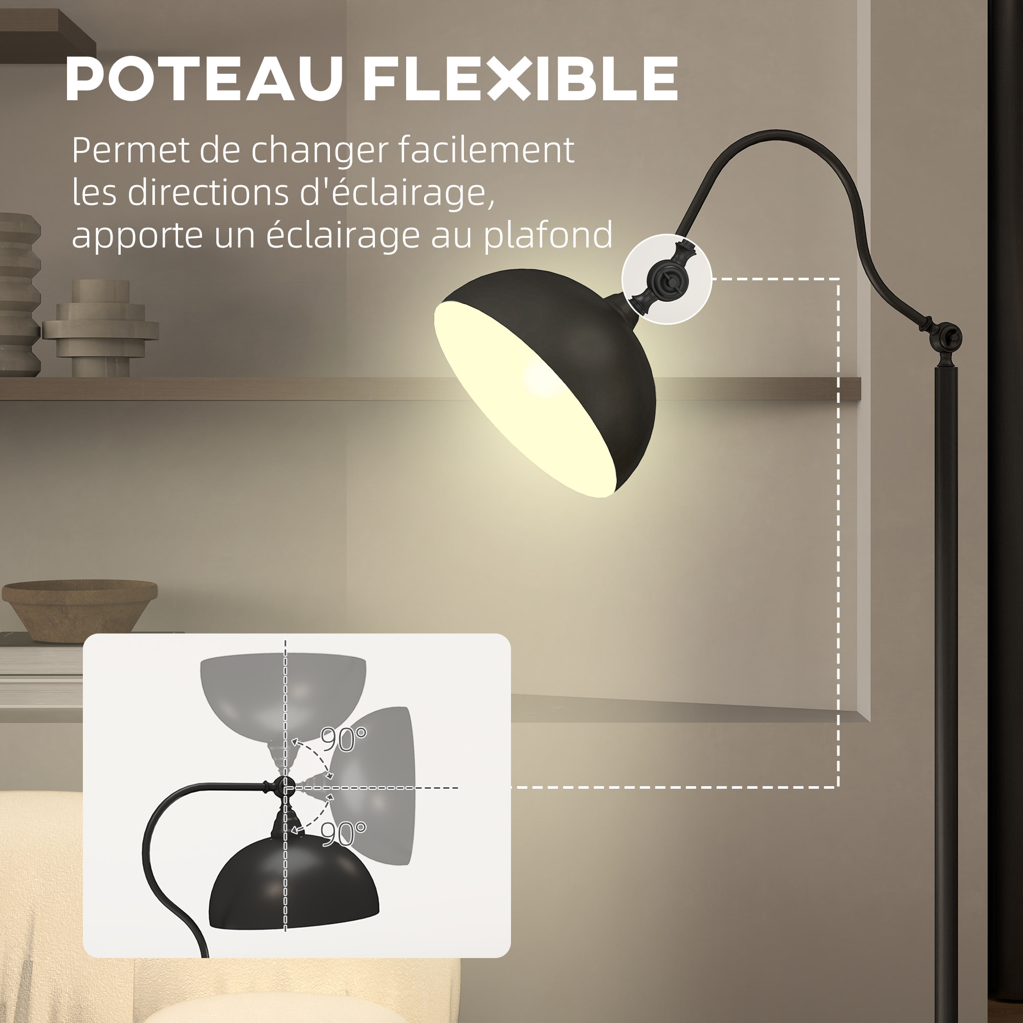 Lampadaire style néo-rétro métal noir - abat-jour réglable - H.152 cm