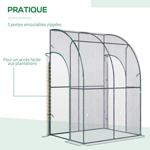 Serre de jardin adossée serre adossée dim. 1,43L x 1,18l x 2,12H m 2 portes zippées enroulables acier PVC transparent