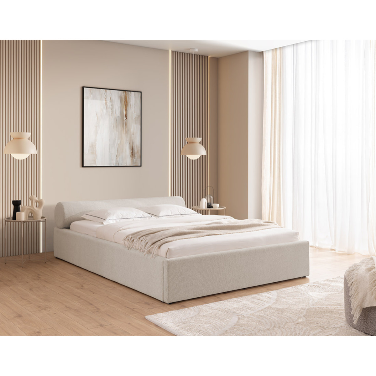 Billy - lit coffre - 140x190 cm - en tissu texturé - sommier inclus - Gris clair