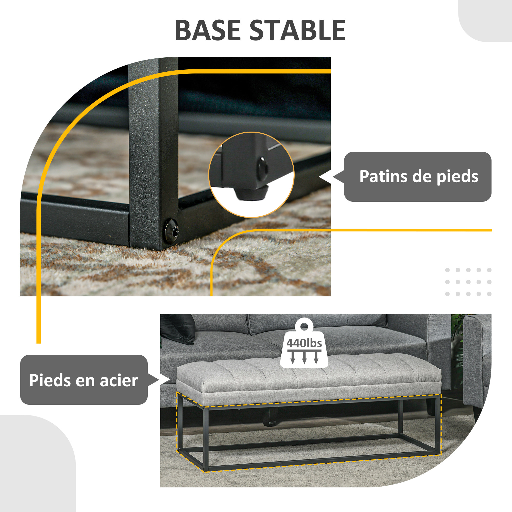 Banc bout de lit épais coussin matelassé grand confort acier noir tissu toucher lin gris clair