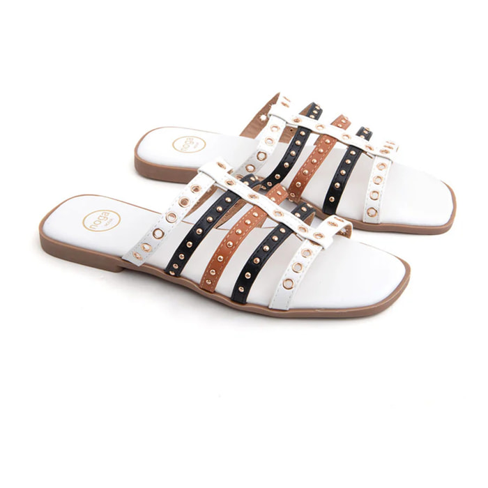 Ciabatta flat tricolor con occhielli - BEIGE