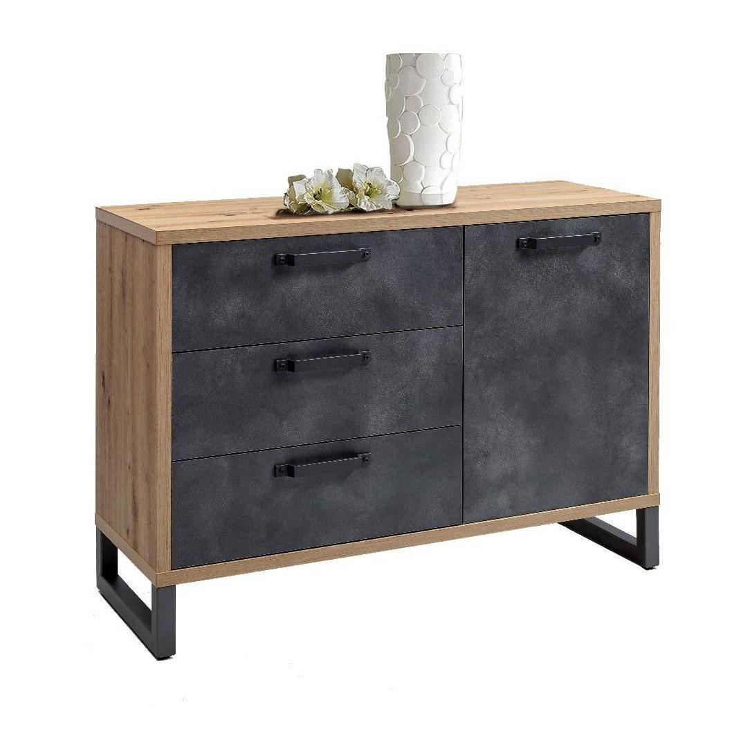 Credenza stile industrial a 1 anta e 3 cassetti, Buffet da cucina, Madia con scaffali e ripiani, Made in Italy, cm 122x45h88, colore Rovere e Antracite