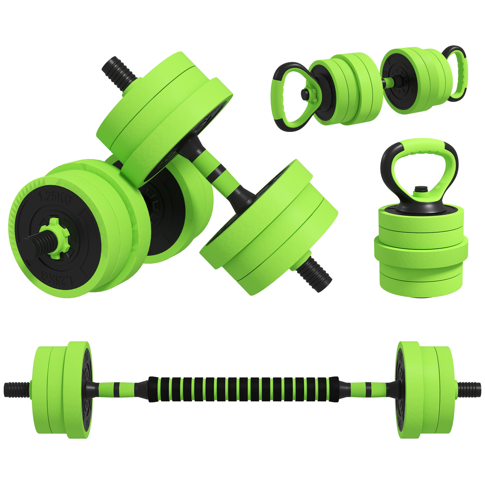 Kit de Mancuernas 20kg 4 en 1 Juego de Pesas con Kettlebell Barra de Pesas para Entrenamiento de Fuerza en Hogar Gimnasio Oficina Verde