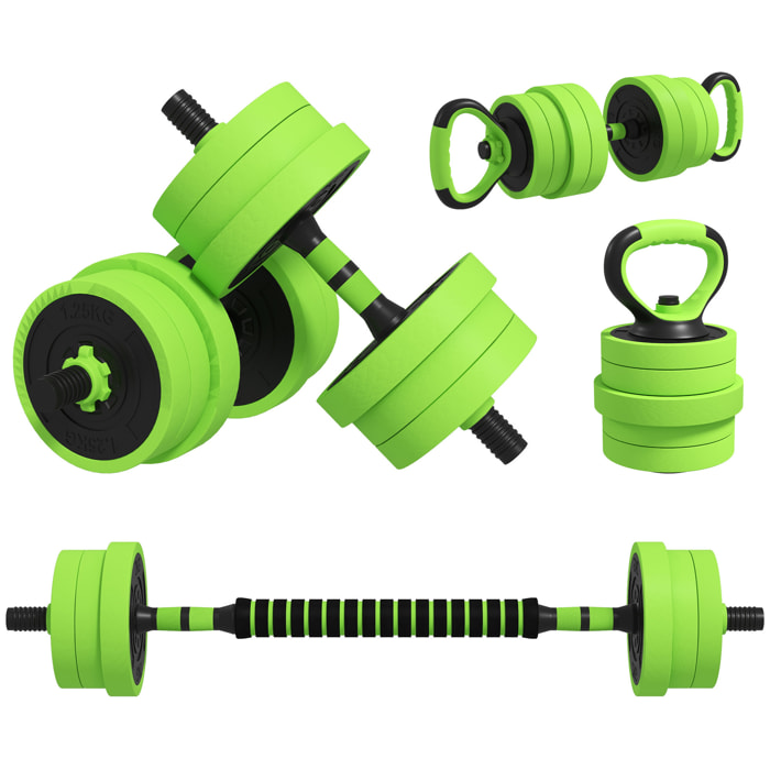 Kit de Mancuernas 20kg 4 en 1 Juego de Pesas con Kettlebell Barra de Pesas para Entrenamiento de Fuerza en Hogar Gimnasio Oficina Verde