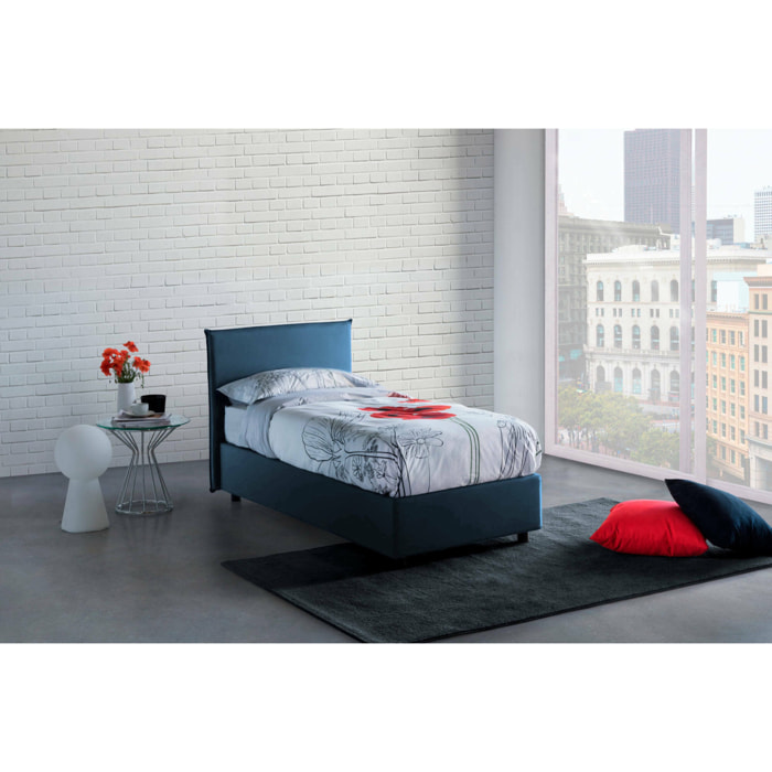 Letto singolo Ajan, Letto contenitore con rivestimento in tessuto, 100% Made in Italy, Apertura frontale, adatto per materasso Cm 90x190, Blu