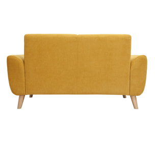 Canapé scandinave 2 places en tissu effet velours jaune moutarde et bois clair EKTOR