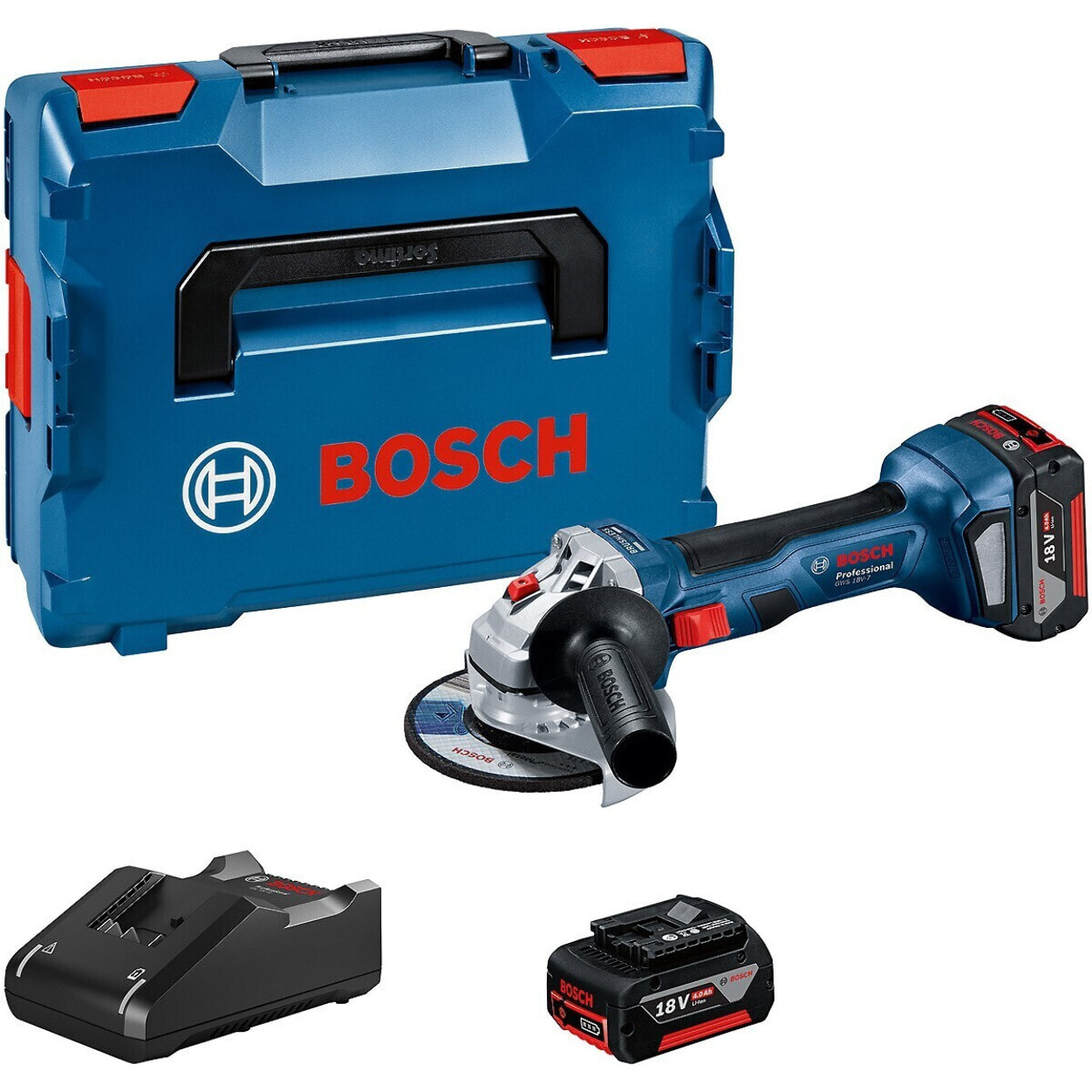 Meuleuse d'angle GWS 18V-7 - BOSCH - avec 2 batteries 18V 4.0Ah - L-Boxx - 06019H9005