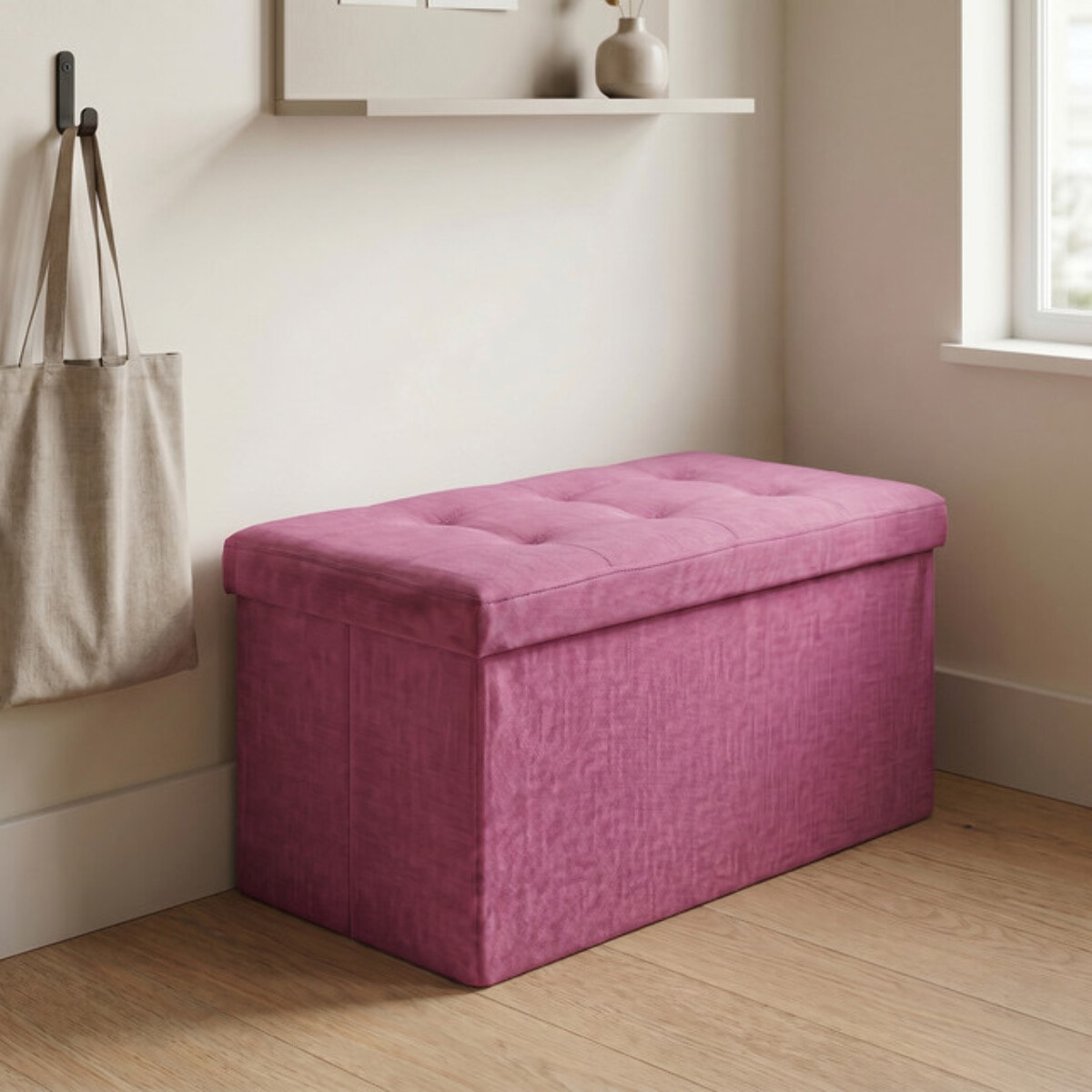 Pouf contenitore imbottito in tessuto con seduta lunga, panca multifunzione con spazio interno, ideale come poggiapiedi, seduta o contenitore, pratico e versatile per soggiorno, camera o ingresso, facile da pulire, dimensioni 76x34x34 cm