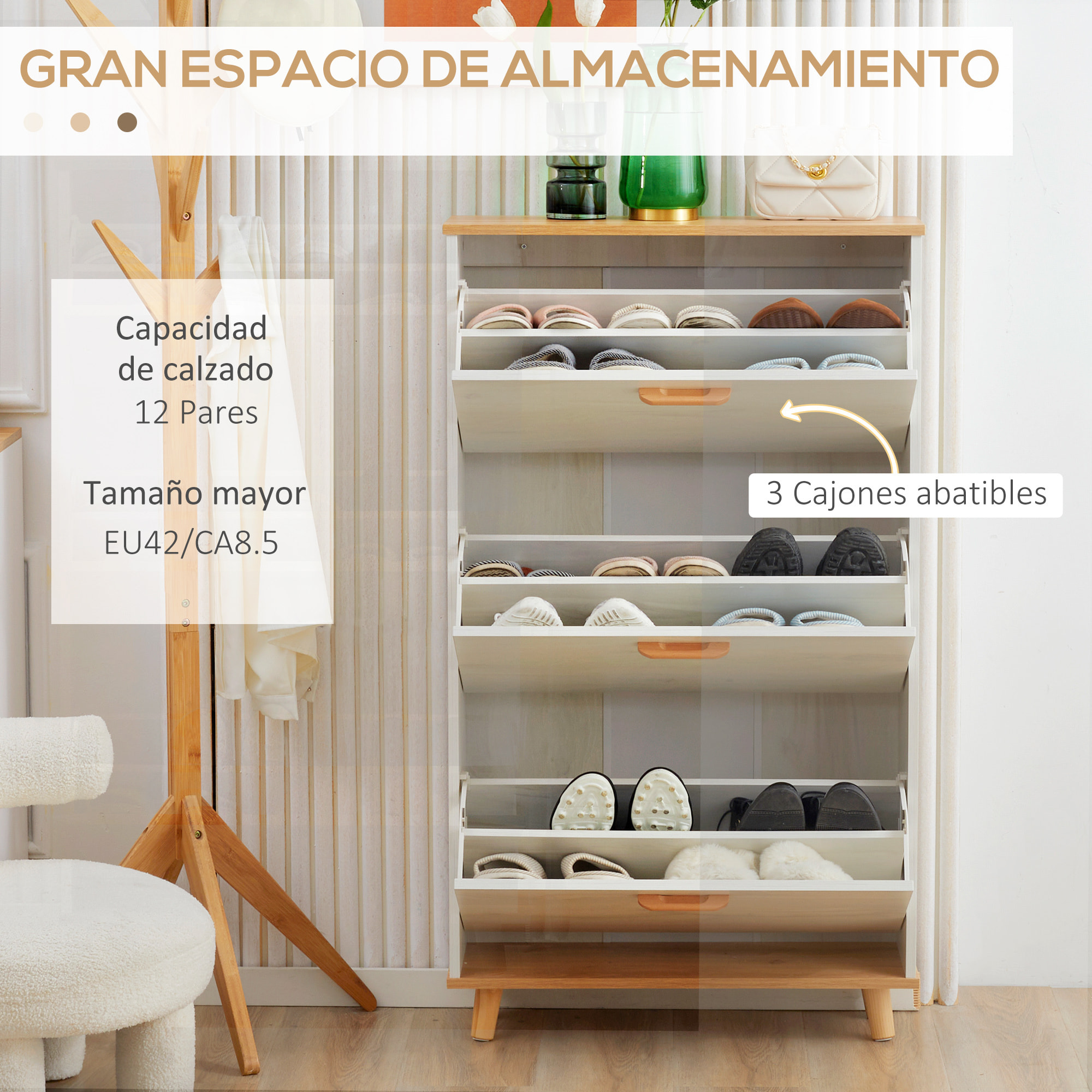 HOMCOM Armario de Zapatos Moderno Mueble Zapatero con 3 Cajones Abatibles para 12 Pares de Zapatos y Estante Ajustable para Pasillo Entrada 70x23,5x122 cm Blanco