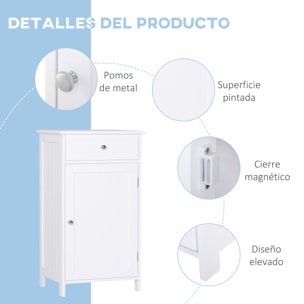 kleankin Armario de Baño con 1 Cajón 1 Puerta y Estante Ajustable Interior Mueble Auxiliar de Almacenaje para Salón Cocina Antivuelco 43x34x77 cm Blanco