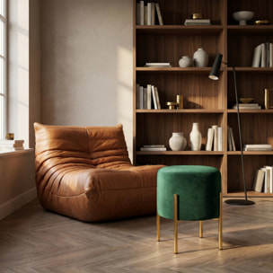 Pouf Tondo in Velluto con Gambe in Acciaio Dorate, Seduta Imbottita Elegante dallo Stile Contemporaneo per Soggiorno, Camera da Letto e Ingresso