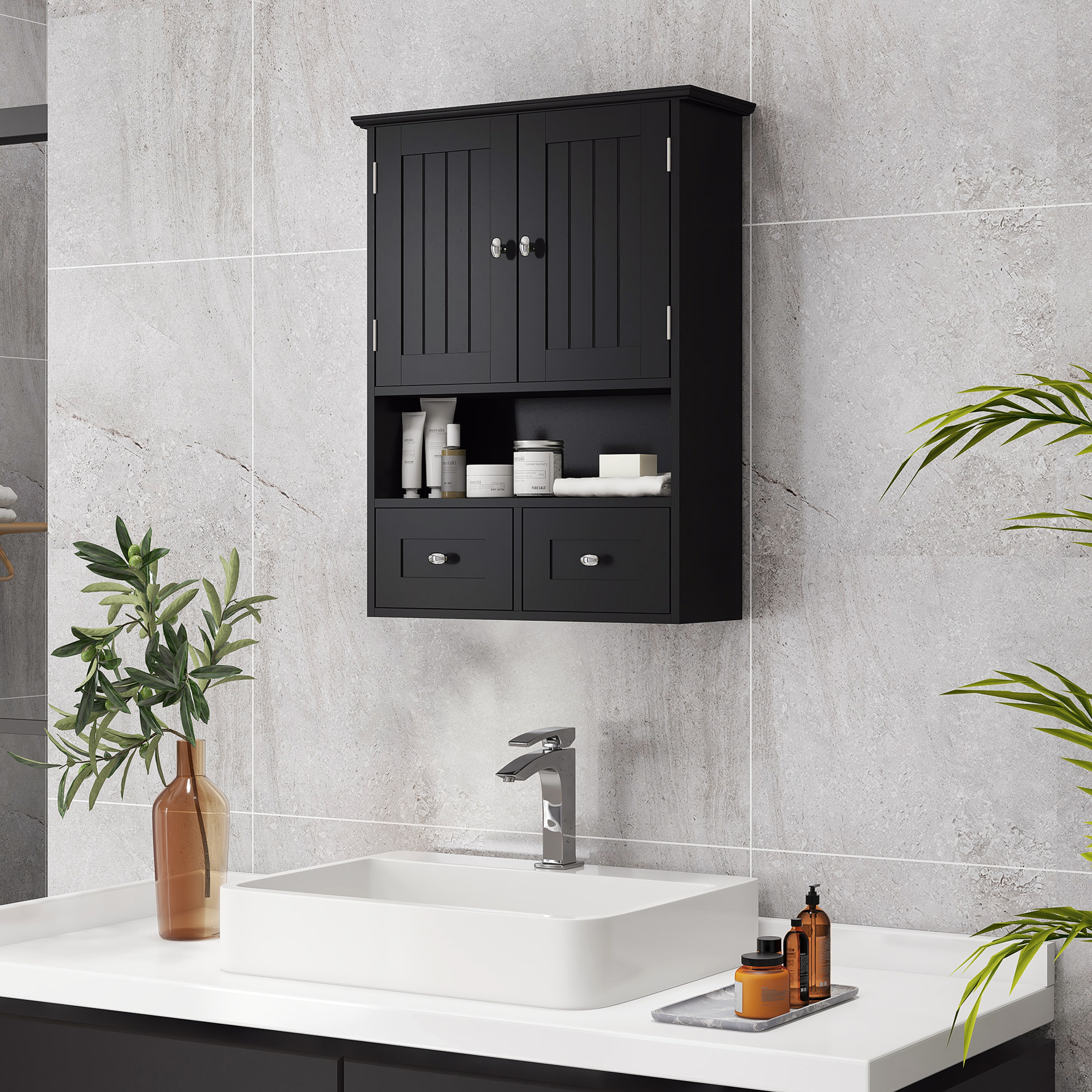 Armario de Baño de Pared, Armario Colgante, Mueble Suspendido de Baño, 2 Puertas con Cierre Magnético, 2 Cajones y Estante Abierto, para Cocina, Lavadero, 50,8x17,8x66 cm, Negro