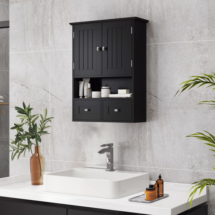 Armario de Baño de Pared, Armario Colgante, Mueble Suspendido de Baño, 2 Puertas con Cierre Magnético, 2 Cajones y Estante Abierto, para Cocina, Lavadero, 50,8x17,8x66 cm, Negro