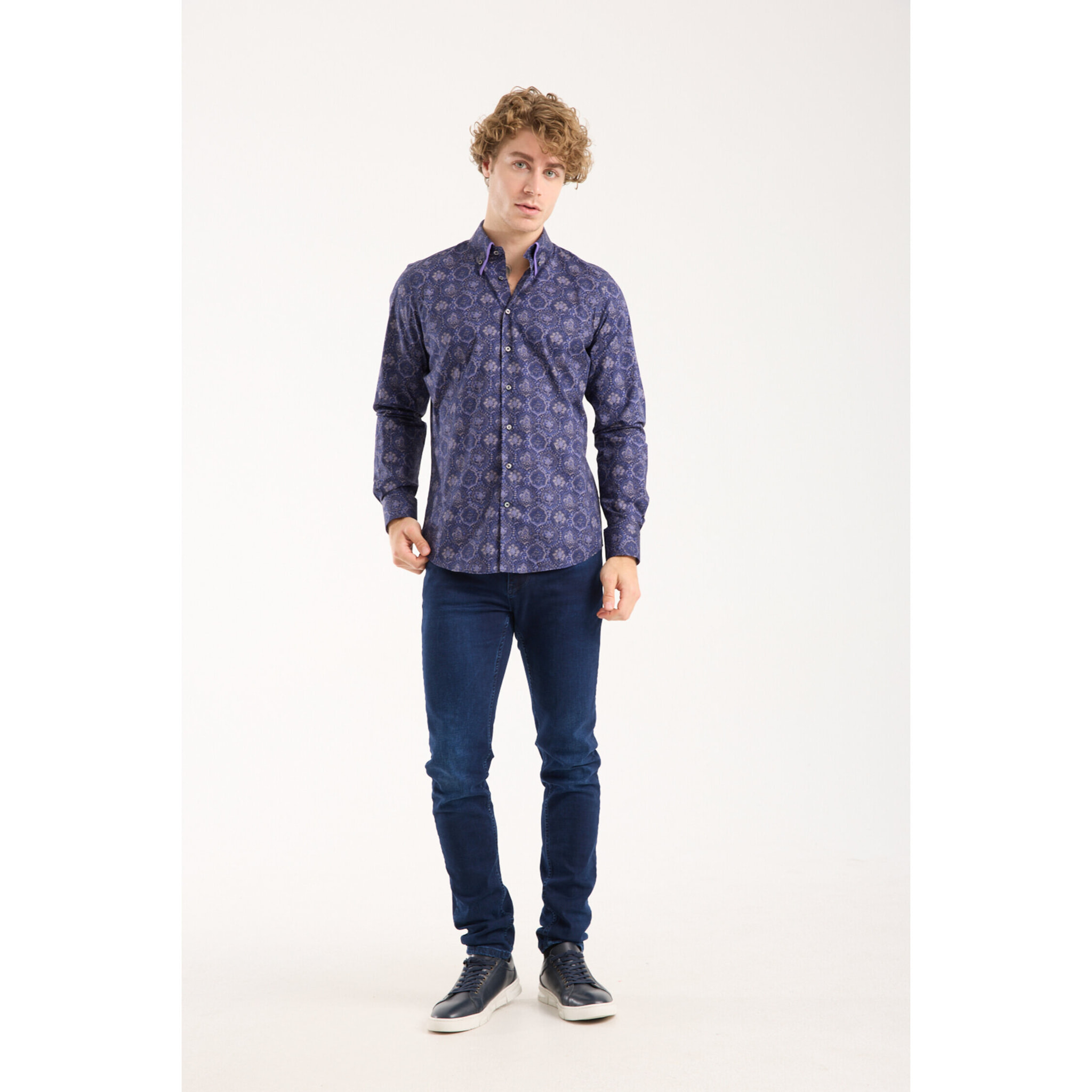 Camicia Uomo 2 Bottoni Button Down Doppio Coll Popeline Stretch Stampato Blu e Viola