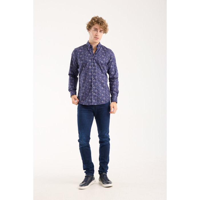 Camicia Uomo 2 Bottoni Button Down Doppio Coll Popeline Stretch Stampato Blu e Viola