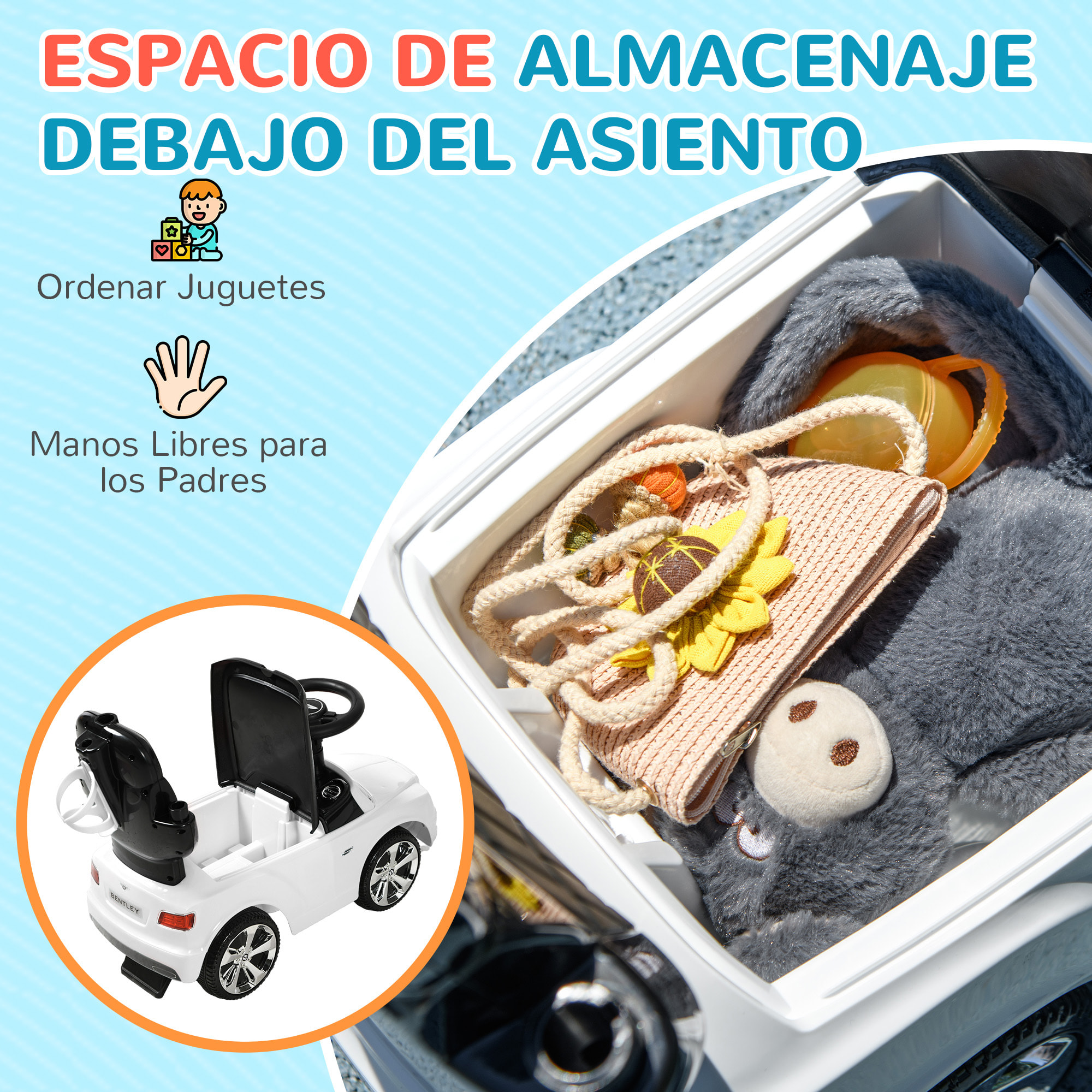 Coche Correpasillos 3 en 1 Correpasillos con Licencia Bentley Bentayga Correpasillos para Bebés de 12-36 Meses con Asa de Empuje y Toldo Desmontables Música Bocina Blanco