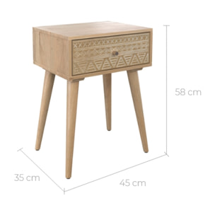 Table de chevet en bois de manguier gravé 1 tiroir - Tiny