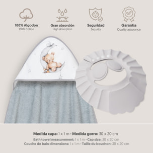 Capa Baño 1X1 Mod Estampado Oso Luna Estrellas+Gorro Gris