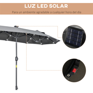 Outsunny Sombrilla Doble 295x150x219 cm Sombrilla de Jardín con Luces LED Solares Techo con Inclinación Ajustable y Manivela Manual para Patio Piscina Playa Gris