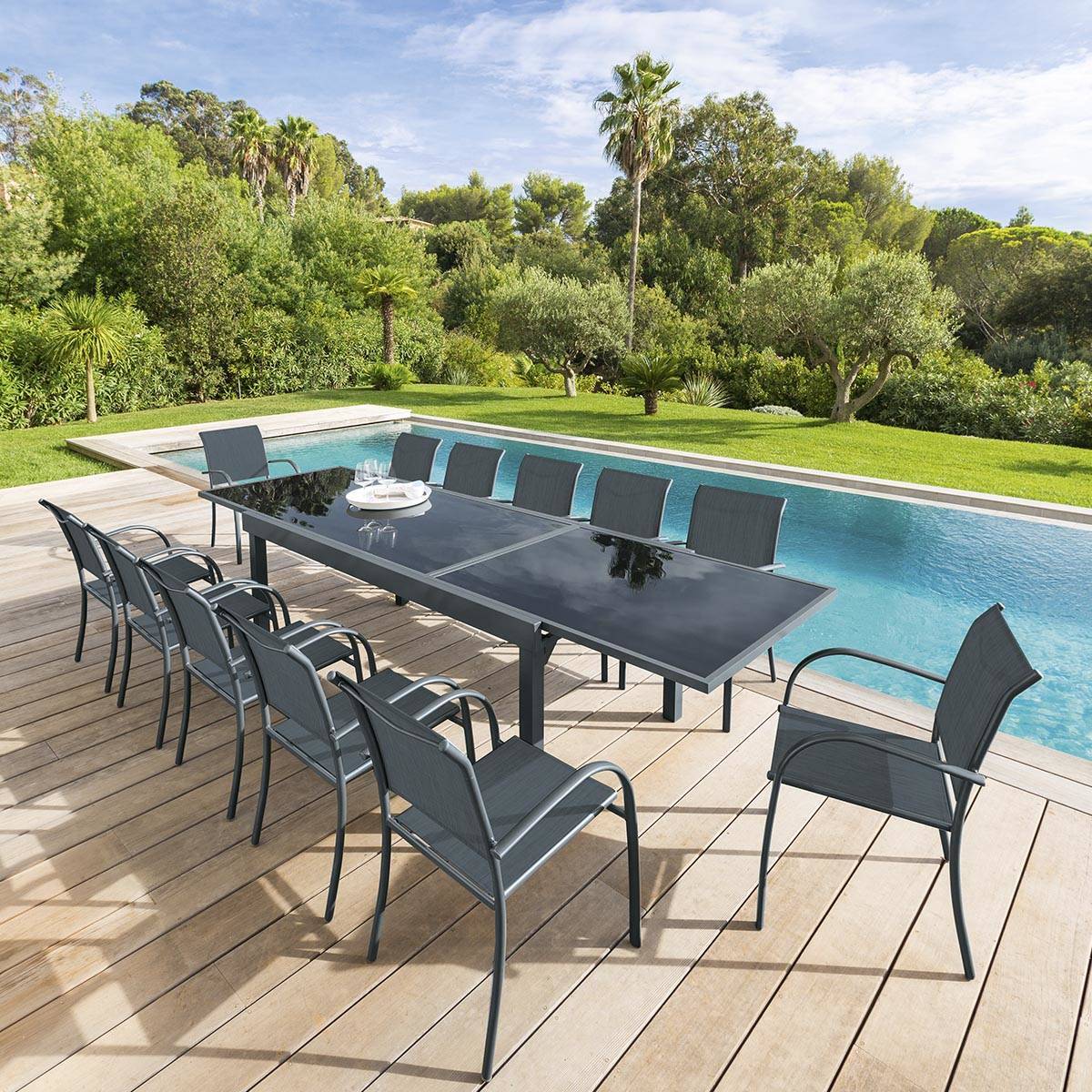 Table de jardin extensible "Piazza" anthracite & graphite 12 places en aluminium traité époxy