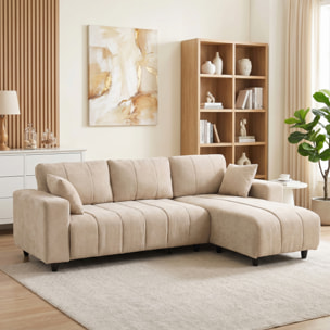 Sofá Chaise Longue Reversible, Sofá Esquinero en Forma de L de 4 Plazas, 2 Almohadas, Tapizado en Lino, Marco de Acero, para Salón, 242x156x87 cm, Beige