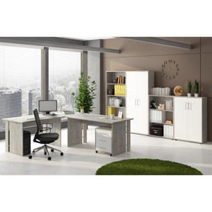 Set Ufficio Completo Con 2 Scrivanie 1 Modulo Ad Angolo 1 Cassettiera Con Ruote 2 Armadi Alto e Basso 2 Librerie Alta E Bassa Bianco E Grigio Cemento