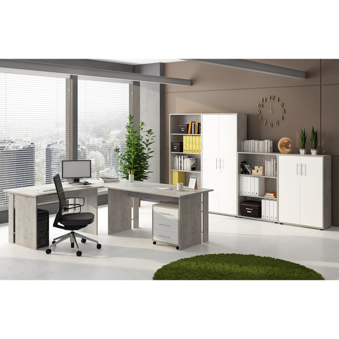 Set Ufficio Completo Con 2 Scrivanie 1 Modulo Ad Angolo 1 Cassettiera Con Ruote 2 Armadi Alto e Basso 2 Librerie Alta E Bassa Bianco E Grigio Cemento