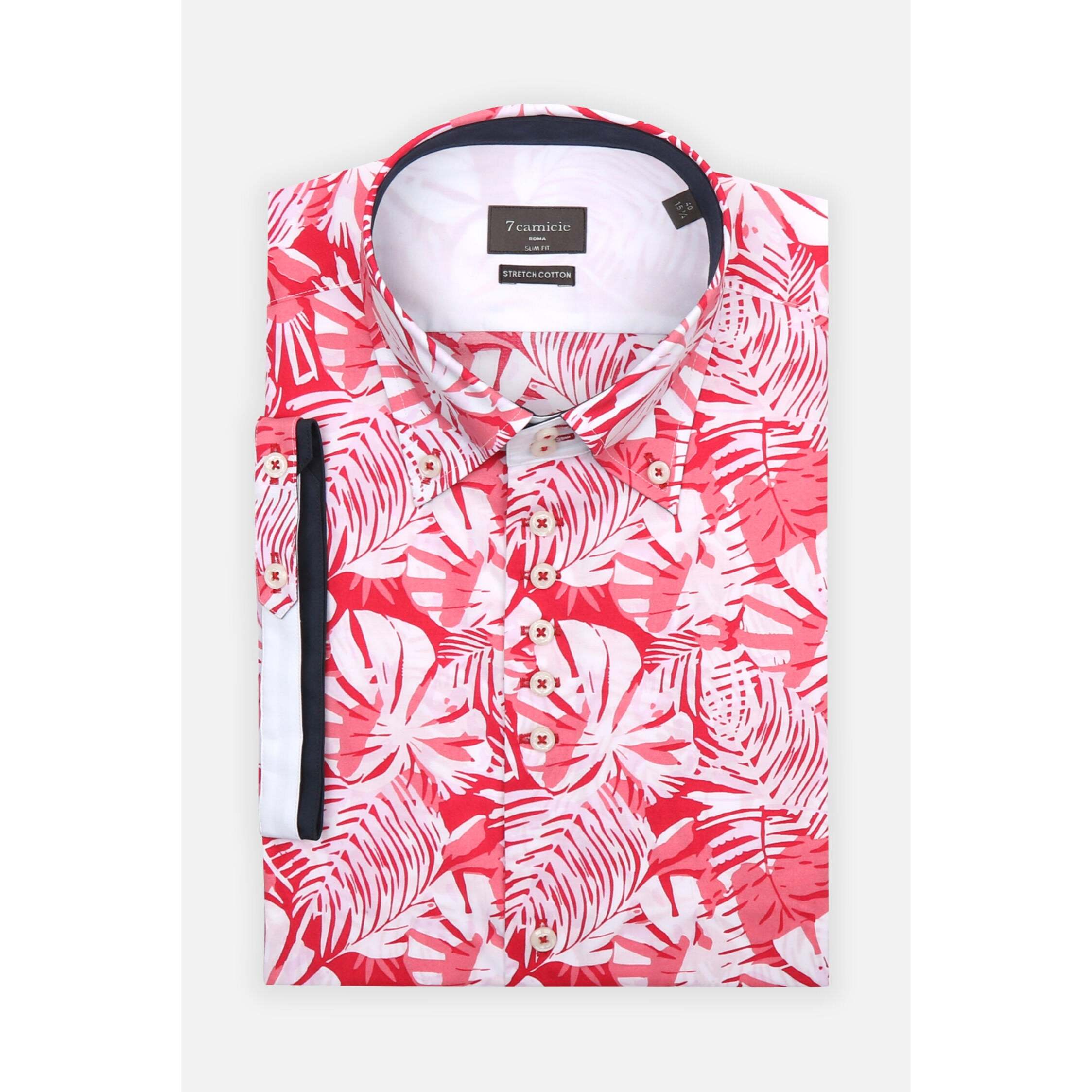 Camicia Uomo Manica Corta 2 Bottoni Button Down 7 Botto Popeline Stretch Stampato Bianco e Rosso