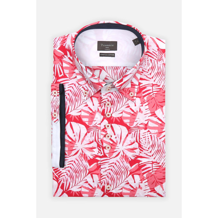Camicia Uomo Manica Corta 2 Bottoni Button Down 7 Botto Popeline Stretch Stampato Bianco e Rosso