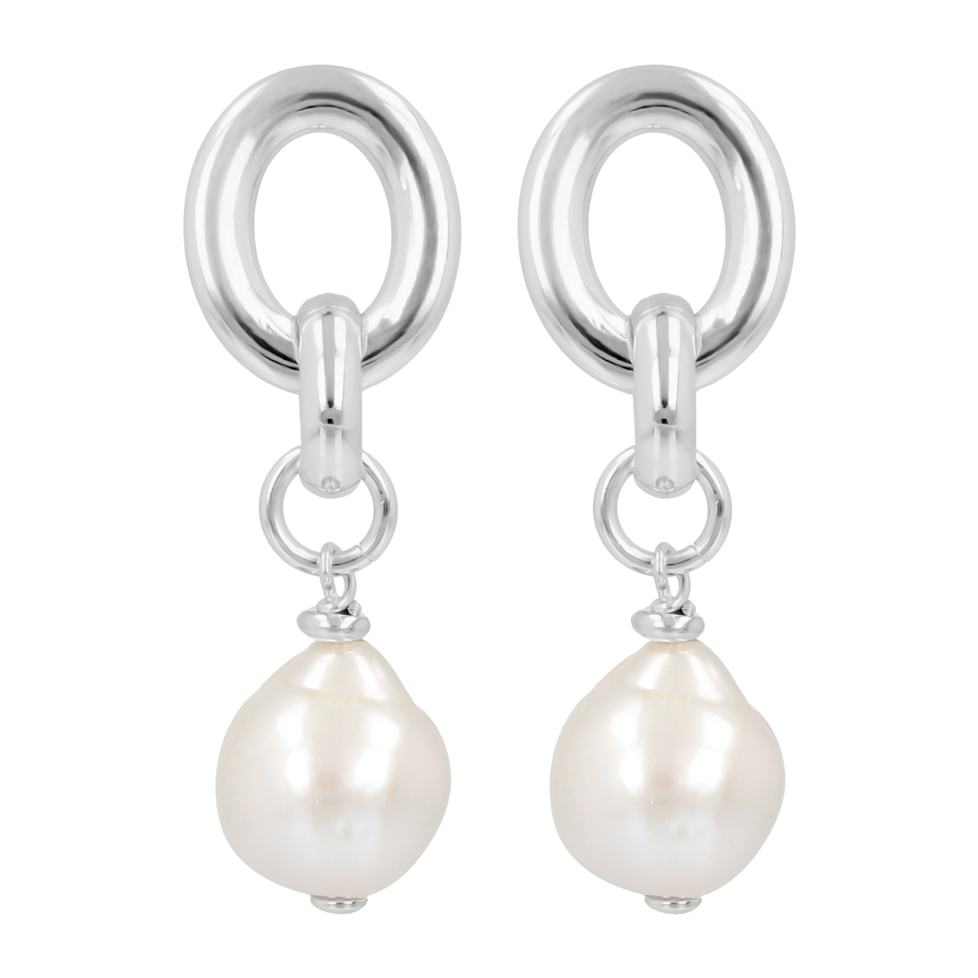 PERLAVIVA - Orecchini Pendenti in Argento 925 placcato Oro Bianco 18Kt con Maglie Ovali e Perle Ming Bianche d'Acqua Dolce Ø11/12mm