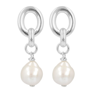 PERLAVIVA - Orecchini Pendenti in Argento 925 placcato Oro Bianco 18Kt con Maglie Ovali e Perle Ming Bianche d'Acqua Dolce Ø11/12mm
