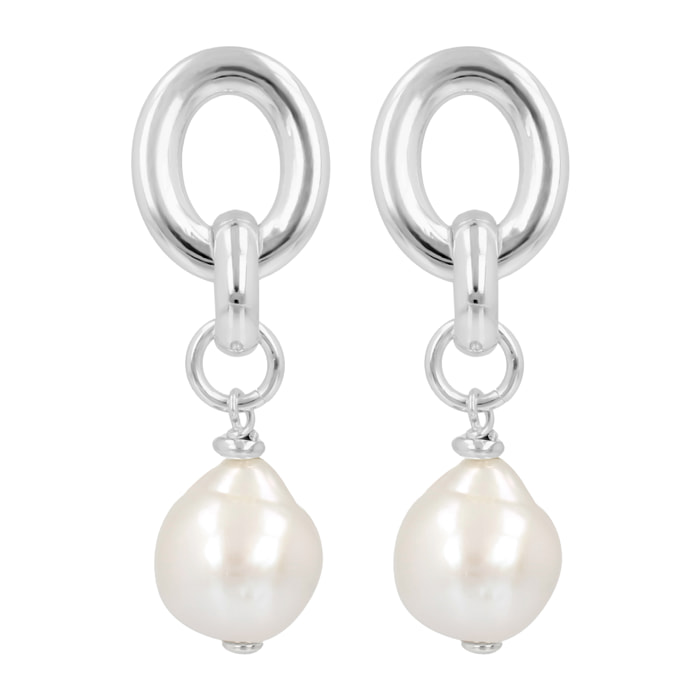 PERLAVIVA - Orecchini Pendenti in Argento 925 placcato Oro Bianco 18Kt con Maglie Ovali e Perle Ming Bianche d'Acqua Dolce Ø11/12mm