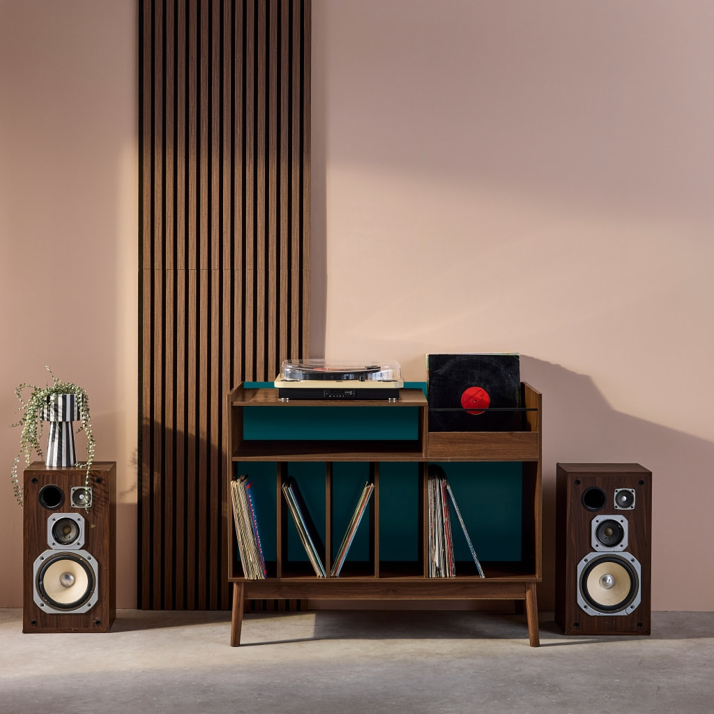 Meuble vinyle vintage bicolore décor bois et fond coloré 100cm NEPAL