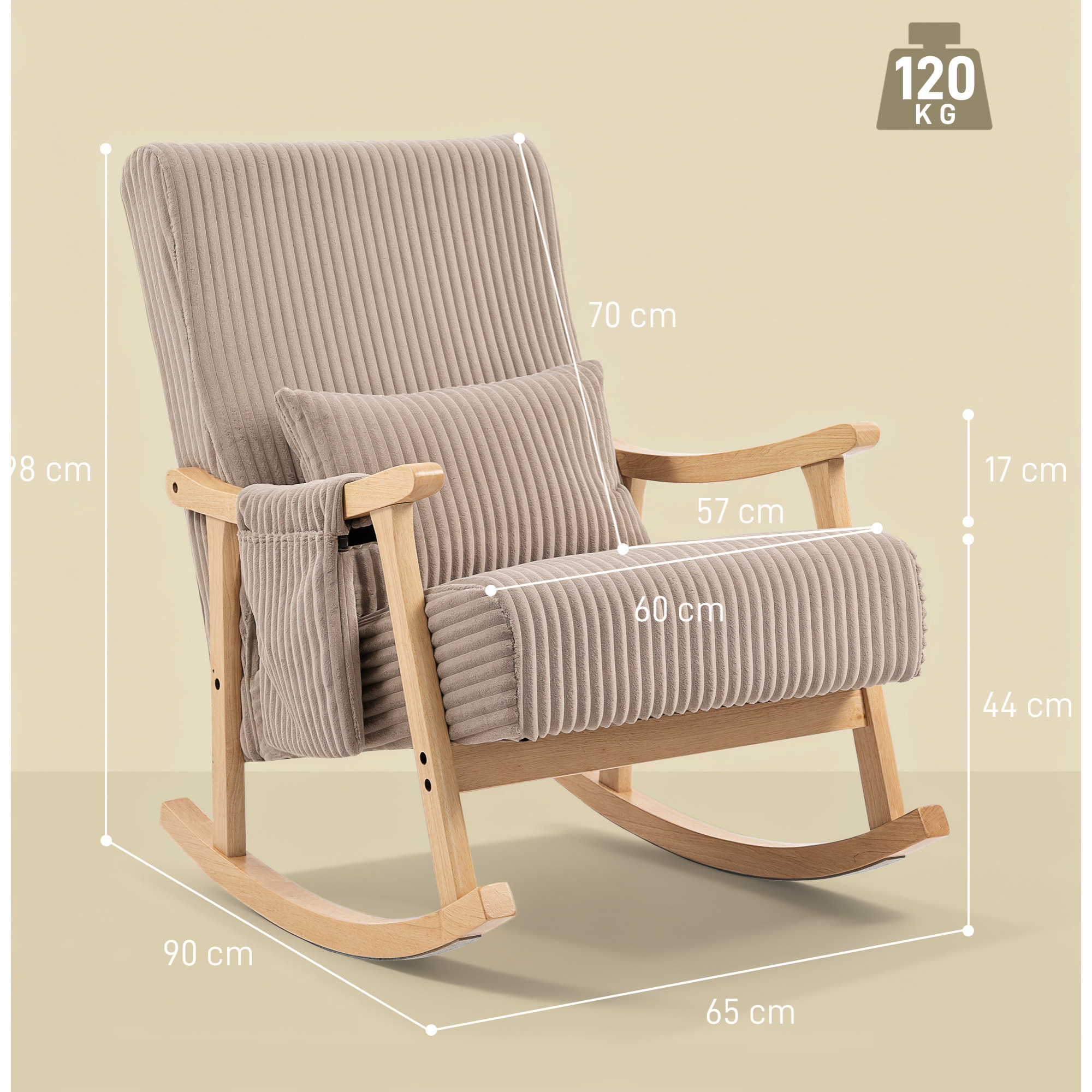 Silla Mecedora, Mecedora de Pana con Cojín Lumbar, Patas y Reposabrazos de Madera de Caucho, Bolsillo, Estilo Moderno, Sillón de Lactancia, Carga 120 kg, para Dormitorio, Salón, Marrón Claro