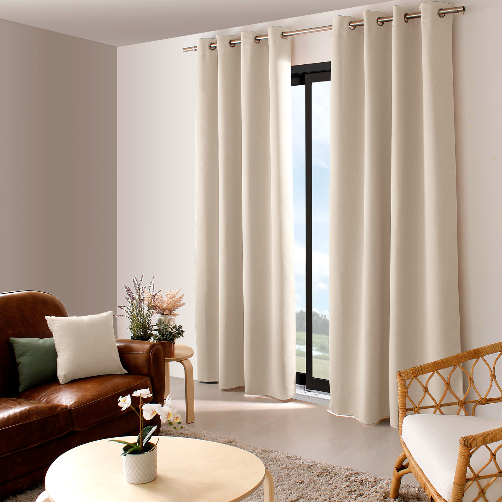 Rideau occultant uni avec 8 œillets - Ivoire