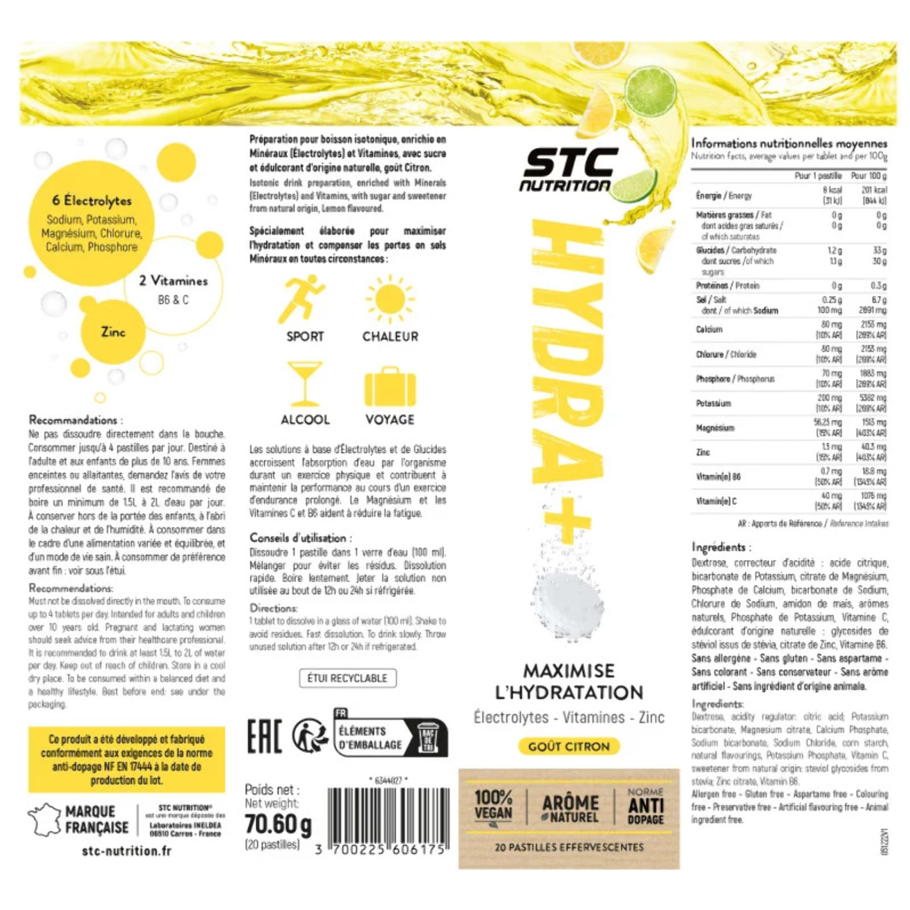 STC NUTRITION - Hydra + - Préparation pour boisson isotonique à base d'électrolytes, vitamines, sucre et édulcorant d'origine naturel - Optimise l'hydratation - 20 pastilles - Citron