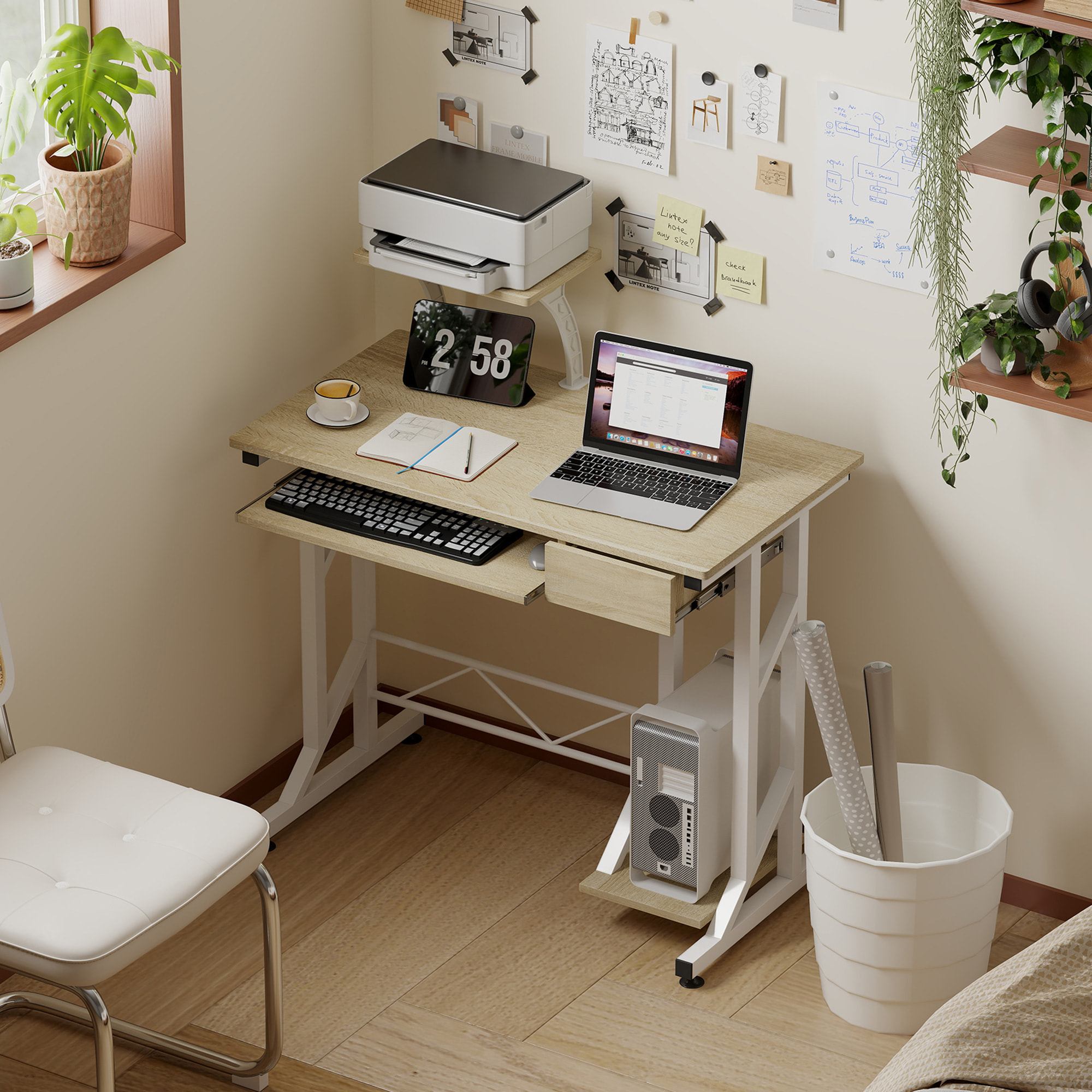 HOMCOM Mesa de Escritorio Mesa de Estudio con Bandeja de Teclado y Cajón Mesa de Ordenador para Despacho Oficina 90x50x100 cm Roble
