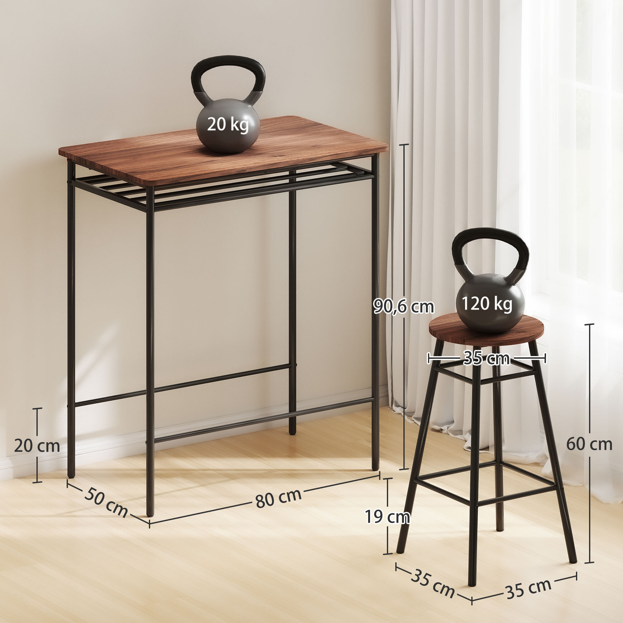 Juego de Mesa y Taburetes de Bar, Mesa Alta de Cocina con 2 Taburetes Industrial, Estante Abierto, Reposapiés, Ahorro de Espacio, para Espacios Reducidos, Comedor, Salón, Marrón