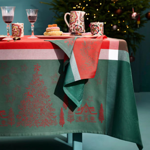 Serviette pur coton 220 g/m² motif jacquard vert rouge Noel magique houx