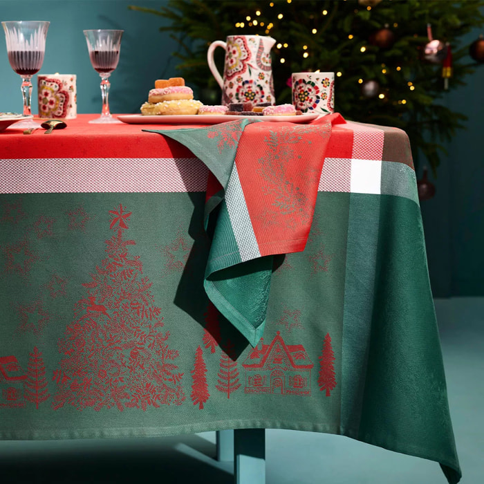 Serviette pur coton 220 g/m² motif jacquard vert rouge Noel magique houx