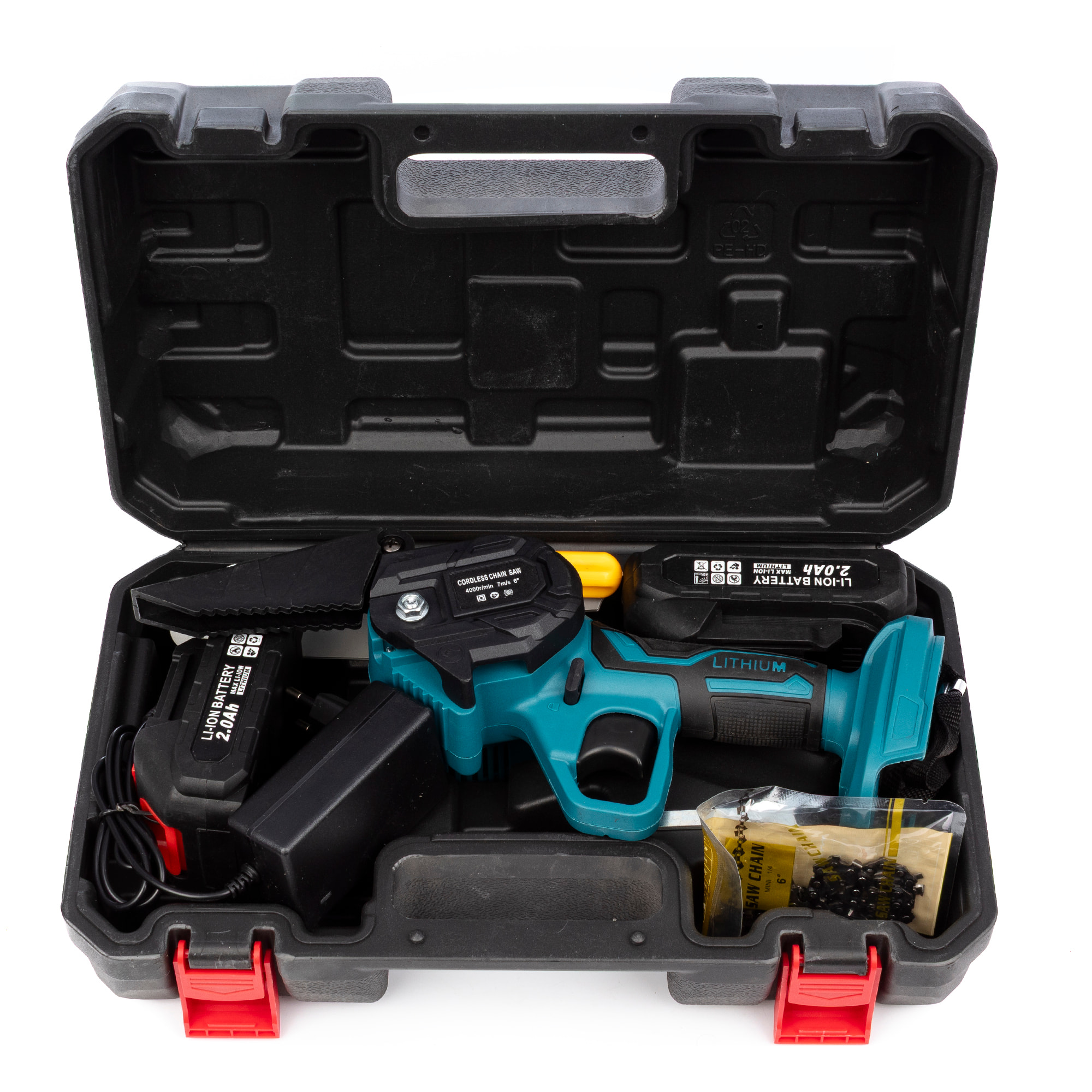 Mini motosierra inalámbrica 21V con hoja de 6 pulgadas, 2 baterías de 6500 mah y maletín de transporte.