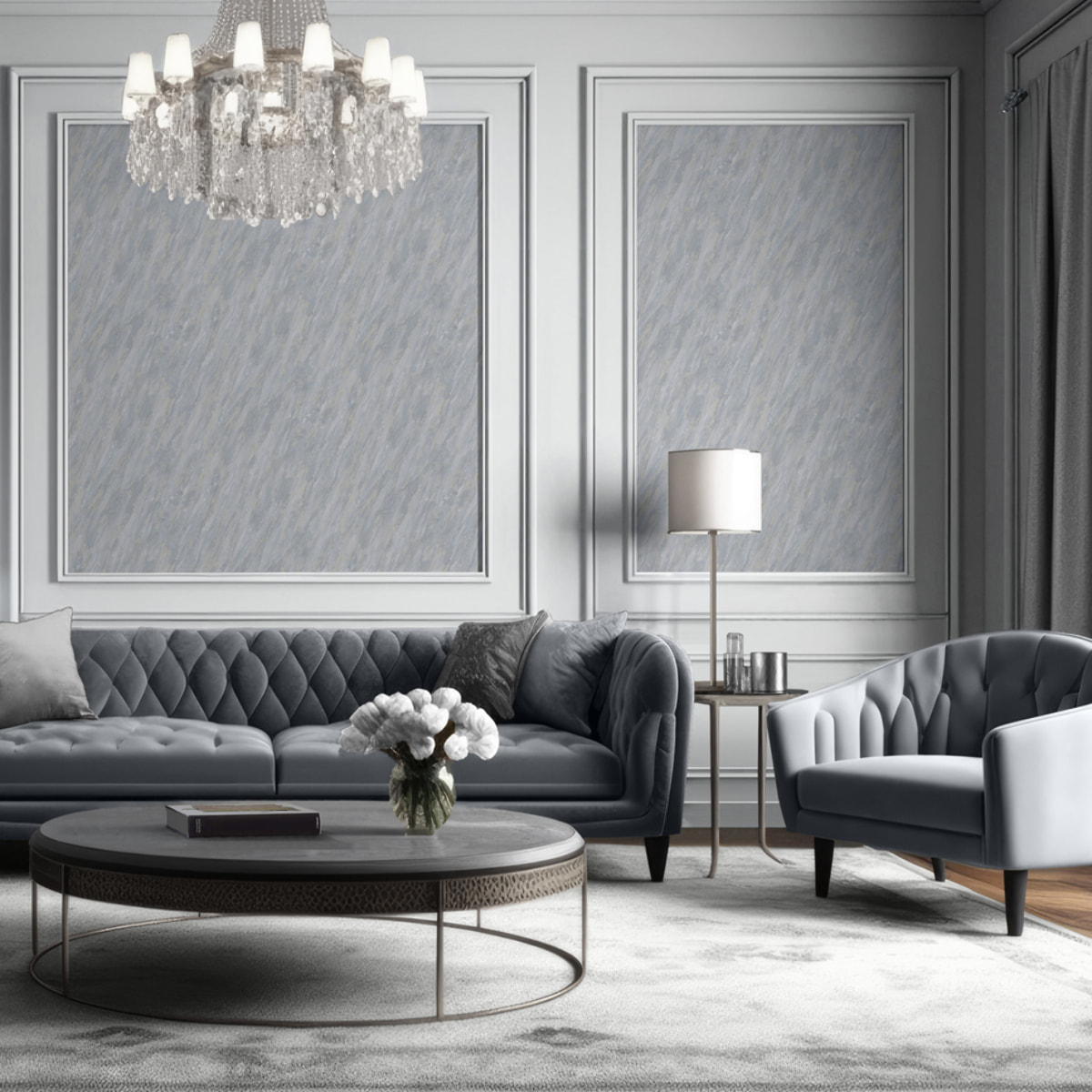 Papier peint effet marbre gris perle veiné doré