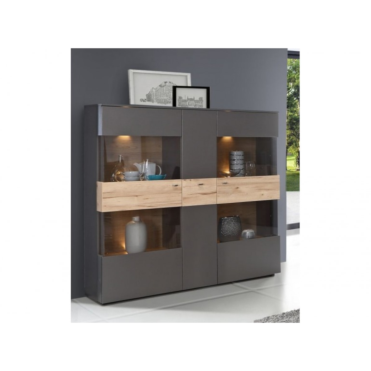 Vitrine 3 portes gris & chêne naturel - TONY