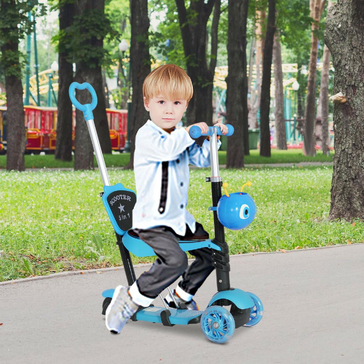 Trottinette pour enfants trottinette 3 roues évolutive 3 en 1 hauteur guidon réglable canne telescopique selle dossier amovible bleu